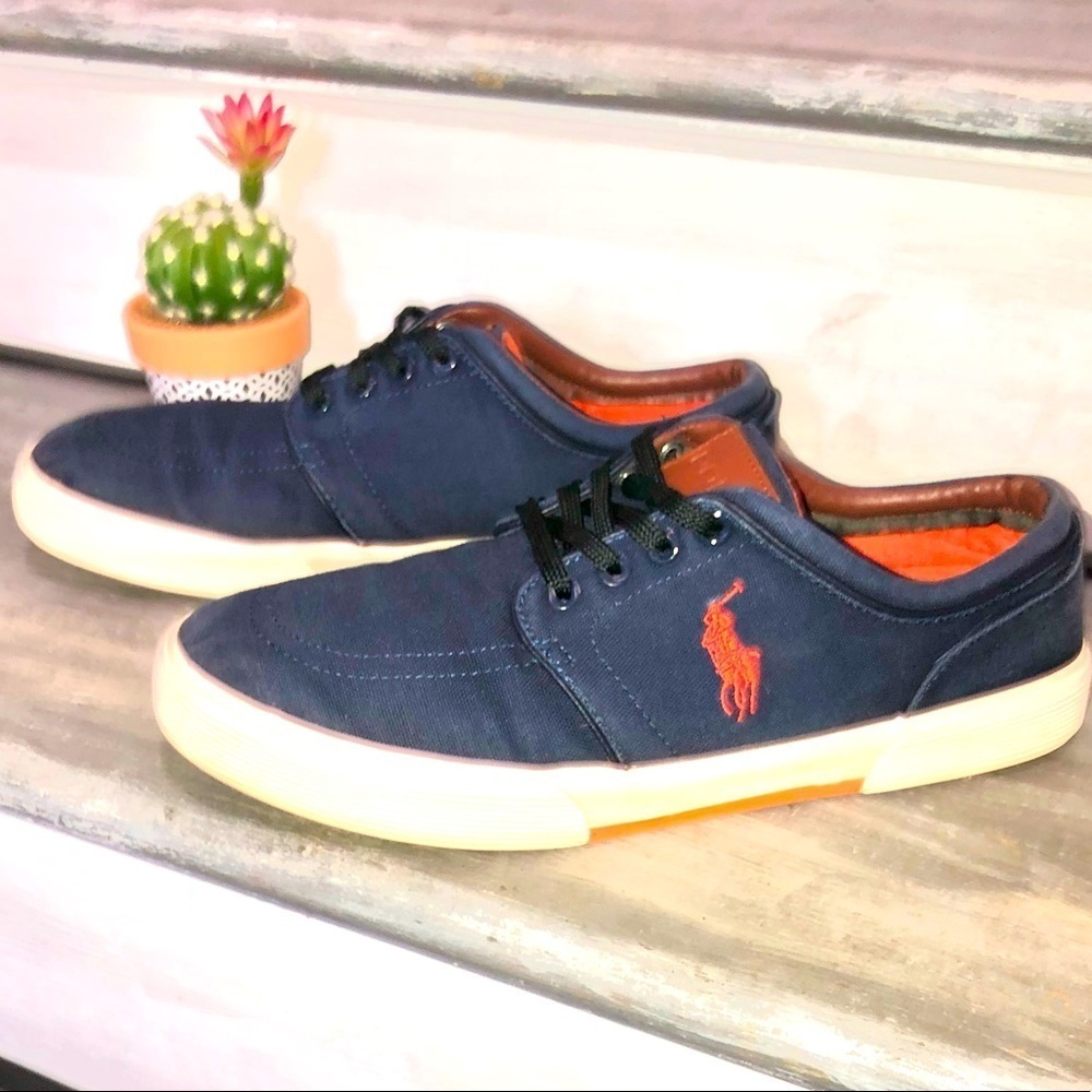 Polo Ralph Lauren Faxon Lower Canvas Sneakers 10.5 Navy Blue, and Orange